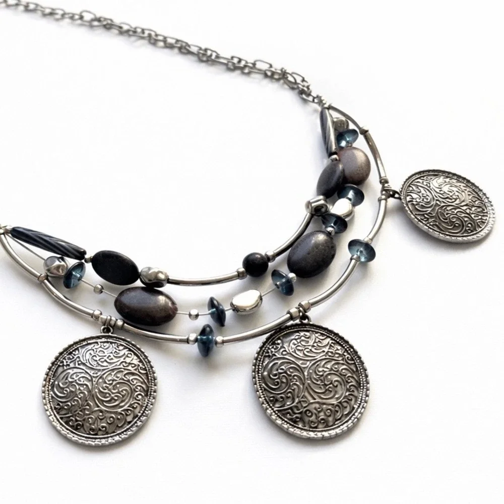 Chico's Silver Tone Layered Beaded Statement Necklace Brown Blue‎ Southwestern